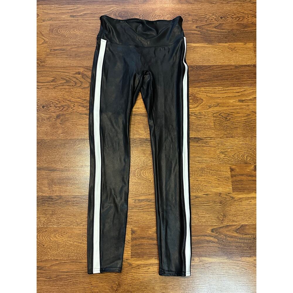 SPANX Faux Leather Side Stripe Leggings Women’s Medium Black White Tummy Control